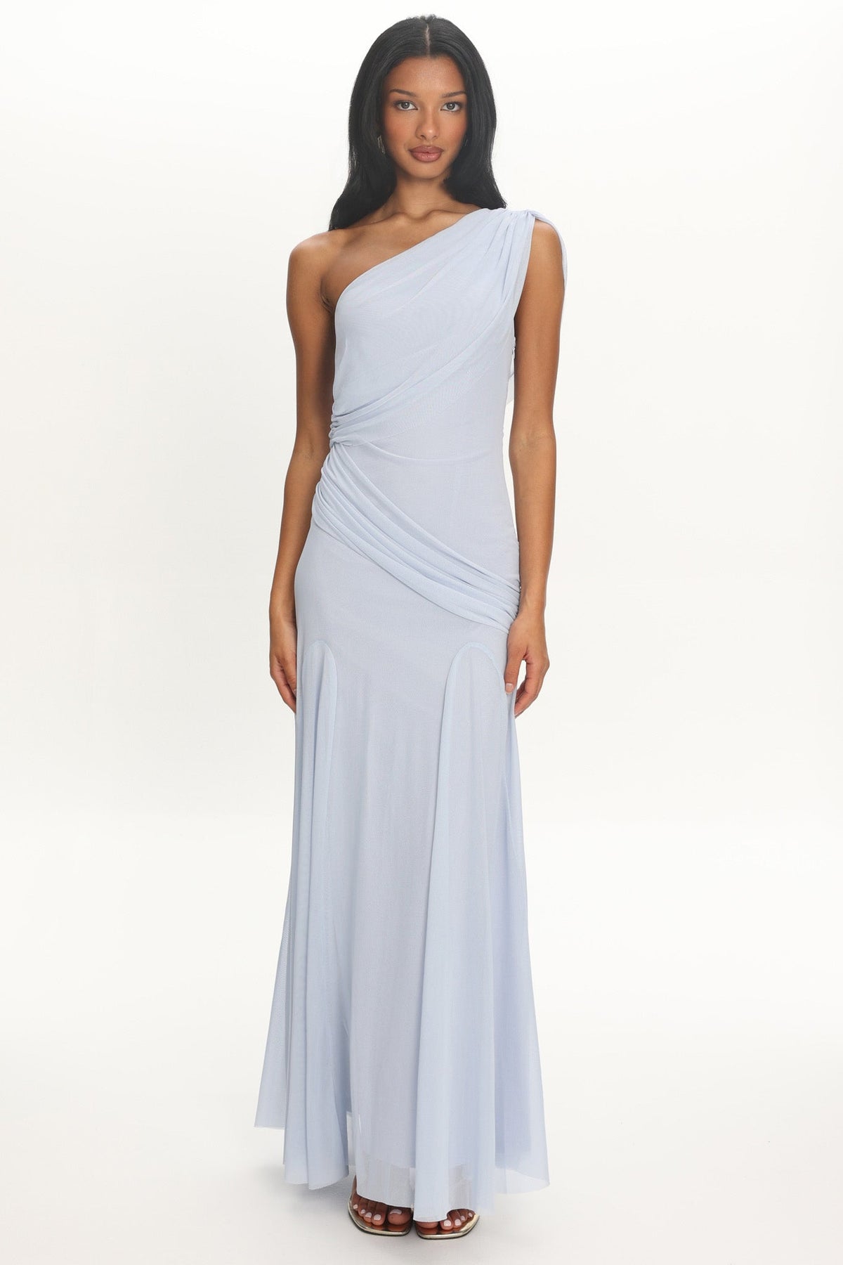 Anaisa Asymmetric Neckline Draped Maxi Dress Baby Blue