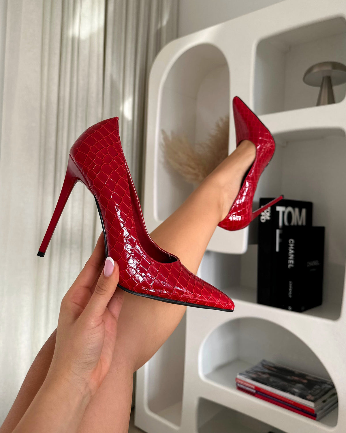 Kamii Red Patent Faux Croc Effect Court Shoes