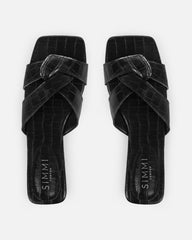 Cherie Black Faux Croc Print Flat Sandals