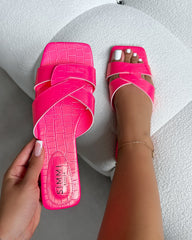 Cherie Hot Pink Faux Croc Print Flat Sandals