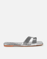 Cherie Silver Faux Croc Print Flat Sandals