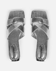 Cherie Silver Faux Croc Print Flat Sandals