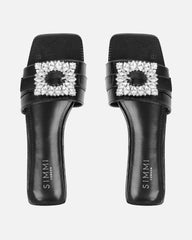 Cyra Black Faux Lizard Effect Diamante Flat Sandals