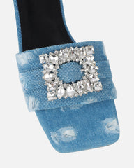 Cyra Blue Denim Diamante Flat Sandals
