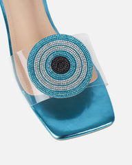 Clem Clear Aqua Blue Metallic Evil Eye Flat Sandals