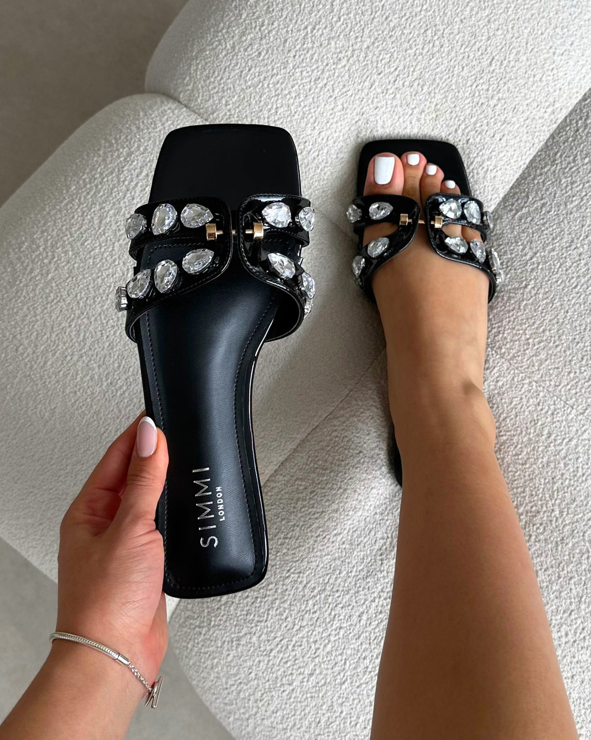 Billie Black Patent Diamante Slider Sandals