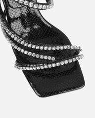 Freesia Black Faux Snake Print Toe Post Ankle Coil Mid Heels