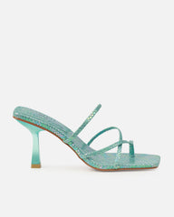 Apollo Blue Shimmer Faux Snake Strappy Mid Heel Mules