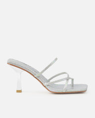 Apollo Silver Shimmer Faux Snake Strappy Mid Heel Mules
