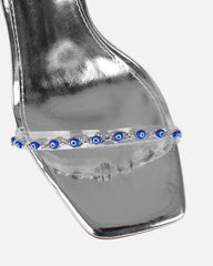 Anyah Silver Mirror Evil Eye Detail Tie Up Heels