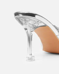 Ashleigh Clear Silver Mirror Diamante Bow Mid Heeled Sandals