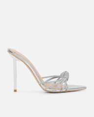 Aubree Silver Faux Snake Print Diamante Knot Mules