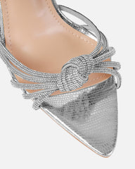 Aubree Silver Faux Snake Print Diamante Knot Mules