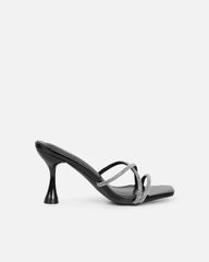 Aubria Black Patent Diamante Mid Heeled Sandals