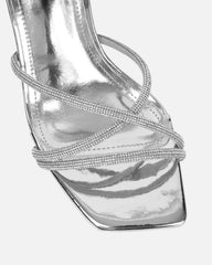 Aubria Silver Mirror Diamante Mid Heeled Sandals
