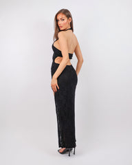Noir Black Lace Thigh Split Maxi Dress