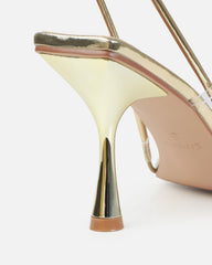 Dionne Crowe Confetti Gold Clear Diamante Mid Heel Mules