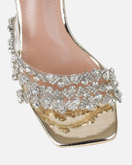 Blushing Gold Mirror Diamante Mid Heel Mules
