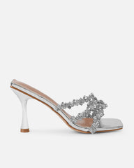 Blushing Silver Mirror Diamante Mid Heel Mules