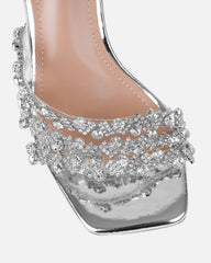 Blushing Silver Mirror Diamante Mid Heel Mules
