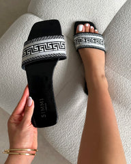 Cali Black Patent Embroidered Slide Sandals