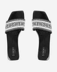 Cali Black Patent Embroidered Slide Sandals