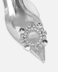 Chara Clear Diamante Silver Mirror Low Court Shoes
