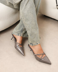 Char grey low heel buckle mules