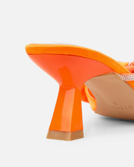 Chayaa Orange Satin Diamante Bow Low Heeled Sandals