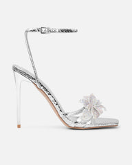 Delores Silver Mirror Snake Flower Heeled Sandals
