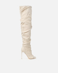 Dakira Beige Woven Over The Knee Open Toe Boots