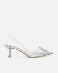Racquel Clear Silver Diamante Mid Heel Courts