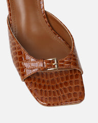 Dotty Tan Croc Effect Low Heeled Mules