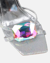 Dovie Silver Glitter Faux Snake Print Gem Heels