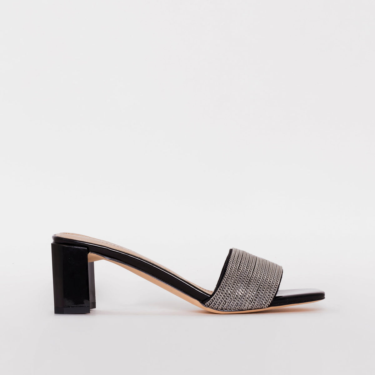 Romie Black Silver Block Mid Heel Mules