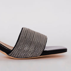 Romie Black Silver Block Mid Heel Mules