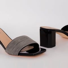 Romie Black Silver Block Mid Heel Mules