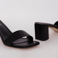 Ruhani Wide Fit Black Snake Print Block Mid Heel Mules