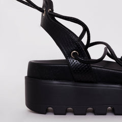Thoma Black Lizard Print Lace Up Flatforms