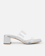 Eadie Silver Clear Low Block Heeled Sandals