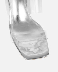 Eadie Silver Clear Low Block Heeled Sandals
