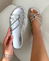 Edessa Silver Metallic Diamante Flat Sandals