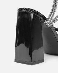 Elanaa Black Snake Faux Effect Diamante Block Heeled Sandals