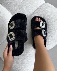 Evelyn Black Faux Fur Diamante Slippers