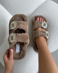 Evelyn Mink Faux Fur Diamante Slippers