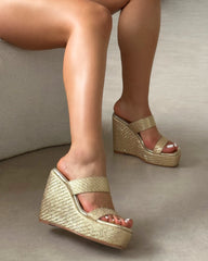 Neena Gold Metallic Raffia Wedge Sandals