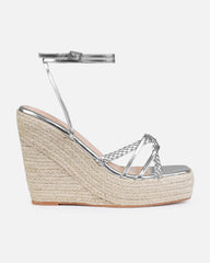 Olive Silver Braided Strappy Espadrille Wedges