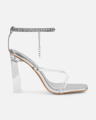 Faiith Clear Silver Metallic Diamante Anklet Heeled Sandals