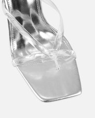 Faiith Clear Silver Metallic Diamante Anklet Heeled Sandals