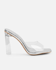 Maylee Clear Silver Faux Snake Metallic Mules
